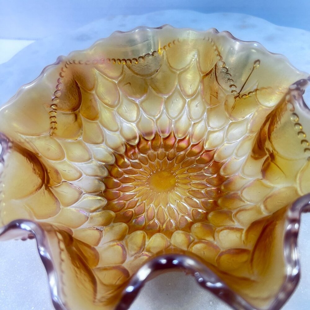 Vtg Dugan Amber Carnival Glass Bowl Ruffled Edge Peacock Tail Design Iridescent‎